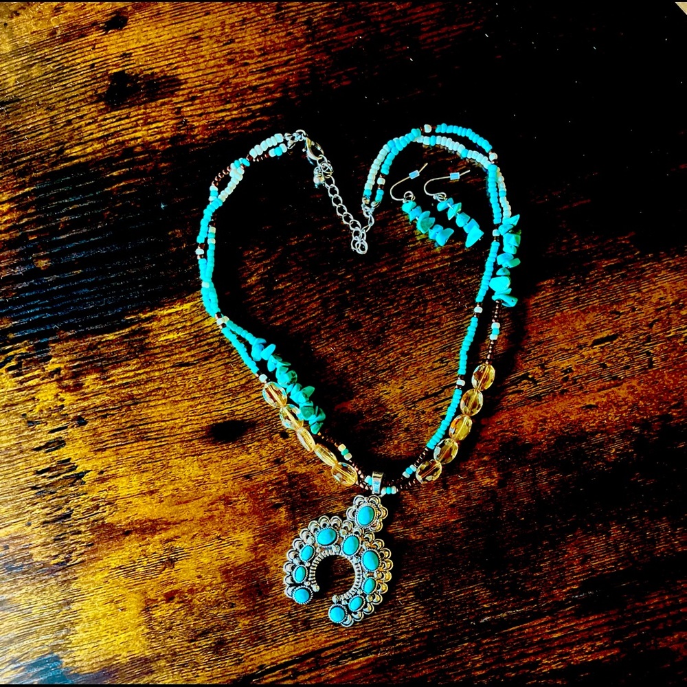 Turquoise Beaded Naja Necklace and Turquoise Rock Earrings Set
